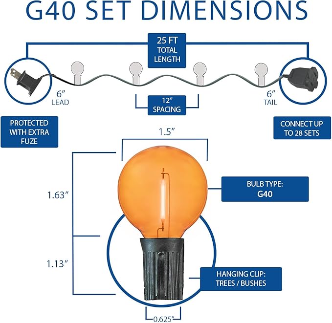 Novelty Lights G40 Filament LED String Light Translucent Orange Bulbs 25 Globe Lights with 12 Spacing on Green Wire Indoor/Outdoor Festive Patio Lights