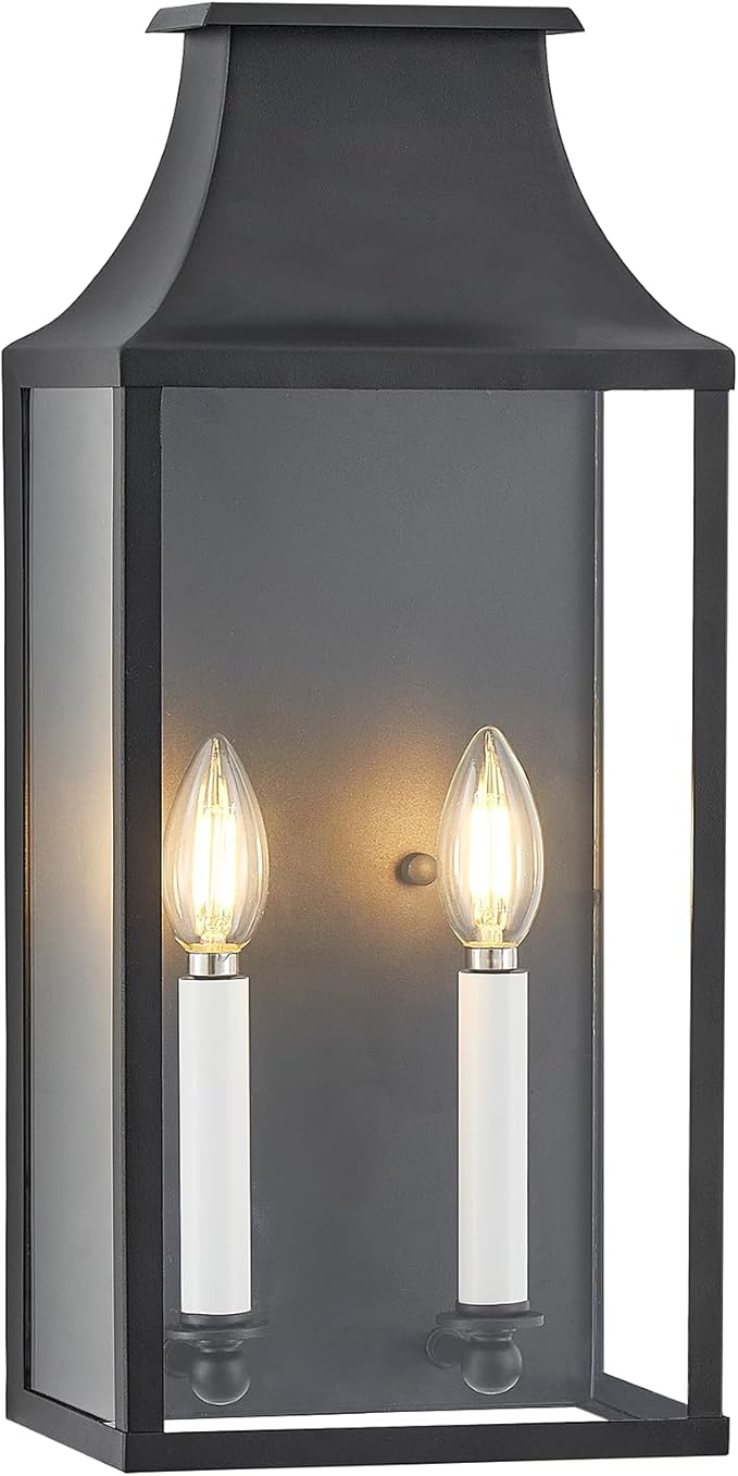 18Medium Classic Outdoor Wall Lantern Light For House ExteriorHandcrafted Satin Black Metal Cage Mounted Pocket Wall Sconce W/Clear Tempered GlassWaterproof for Porch Patio Garage&ampFront Door