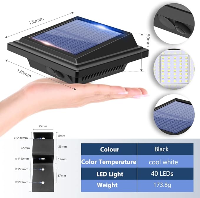 Gutter Solar Patio Decor Lights 40 LED Deck Outdoor Waterproof Fence for Wall Backyard Porch Pool Step Stairs Yard Garden Pathway (6 Pack-Black Cool White)