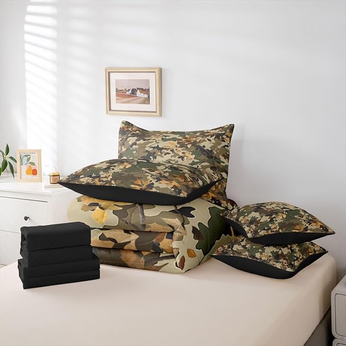 jejeloiu Camouflage Botanical 7 Piece Bedding Set for Girls Boys Kids Full Size Camo Bed in a Bag Room Decor Military Style Comforter Set with SheetsPillowcases &amp Cushion Cover Microfiber