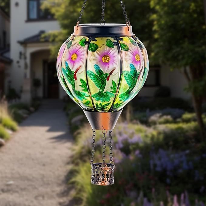 DREAMSOUL Hummingbird Hot Air Balloon Solar Lantern Hanging Solar Lanterns Outdoor with Flickering Flame Light Metal &amp Glass Solar Lanterns Outdoor Waterproof for Patio Yard Decor