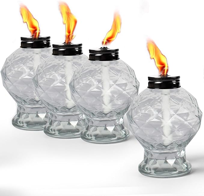 tewei 4 Pack Clear Table Top Light Torches Outdoor Mini Glass Torche Lanterns Light for Outside Easy to Refill Citronella Torches for Garden Patio Yard Party