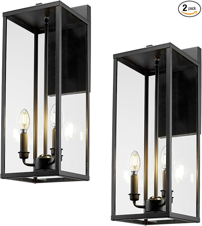 Bestshared Large Outdoor Wall Sconce 24'' Modern Black Outdoor Wall Lantern 3-Light Clear Glass Porch Light Weather Resistant Outside Light for House Entryway Garage Patio E12 Base(2Pack)