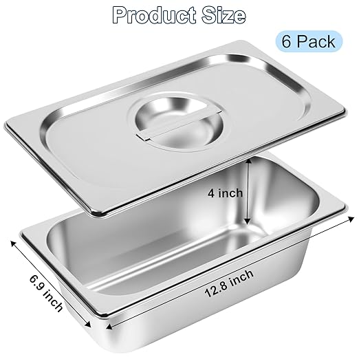 6 Pack 1/3 Size Hotel Pans 4 Inch Deep with Lids Stainless Steel Steam Table Pan with Lids Commercial Food Pans for Hotel Home Restaurant Catering Buffet Pan