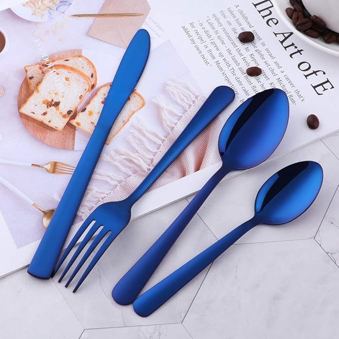 Buyer Star 20-Piece Blue Silverware Flatware Set for 5 Light Weight Cutlery Sets for Travel Camping Hand Polish Dishwasher Safe