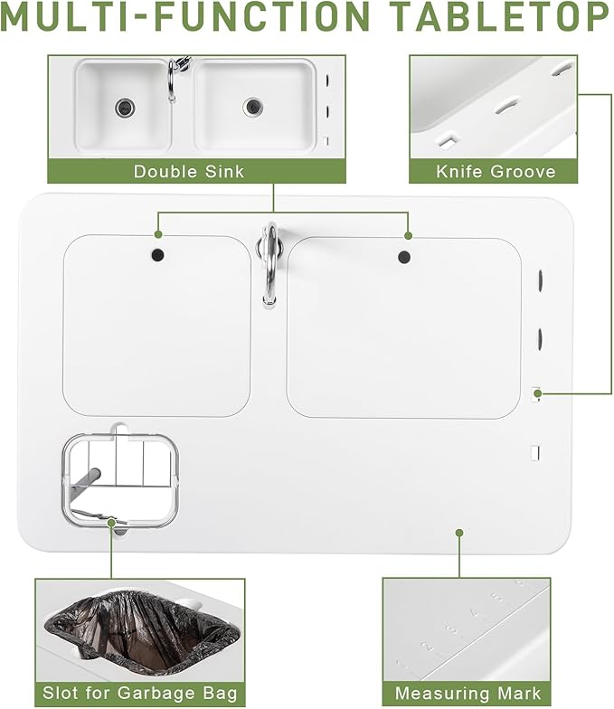 40 Folding Fish Cleaning Camping Table w/Faucet &amp Sink Outdoor Portable Fillet Station w/Grid Frame Knife Groove Multifunctional Washing Table for Camping or Kitchen White