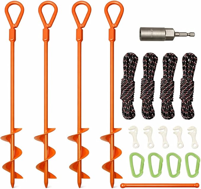 15 Screw-In Ground Anchors (4 Pack) – Heavy Duty Orange Trampoline Stakes High Visibility Earth Augers with Drill Bit &amp Glow Carabiners for Canopy Tents Carports &amp Swing Sets