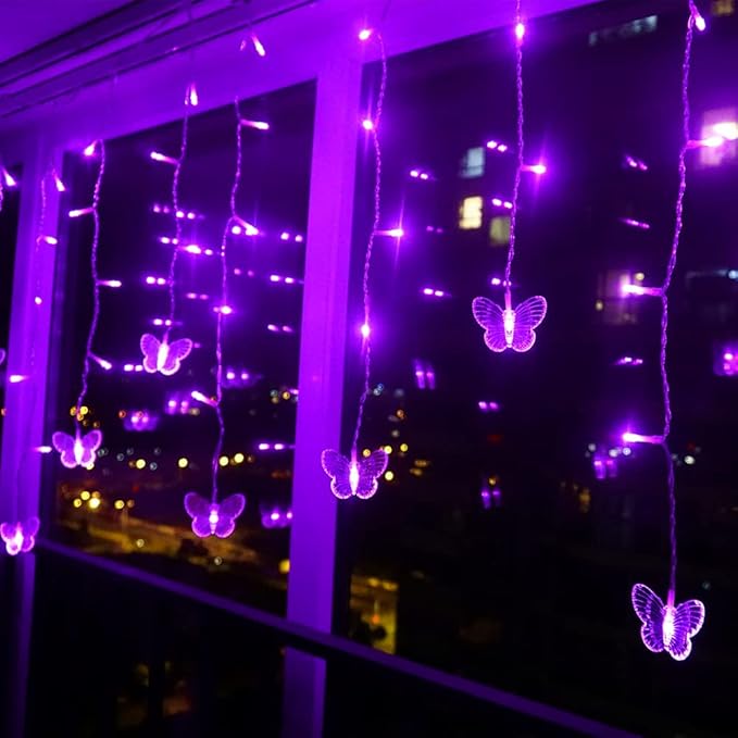 Purple Butterfly Curtain Fairy Lights USB Plug in120 LED 8 Modes 20FT Firefly Twinkle Icicle String Lights with Remote Timer Waterproof for Halloween Bedroom Christmas Wedding Party Dorm