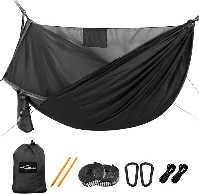 Camping Hammock with Mosquito Net and Ridge Rope Extra Large for 2 Person Lightweight Hanging Hammocks Tree Straps All-in-one Fast Open Hammock for Outside Hiking and Travel