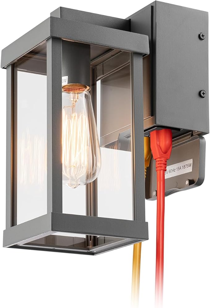 mirrea 11 Classic Outdoor Wall Sconce with Built-in GFCI Outlet 1 Light in Rectangular Metal Frame and Clear Glass Shade Waterproof Porch Light Patio Light (Matte Gray)