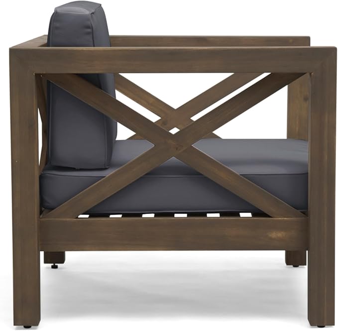 Mid-Century Modern Outdoor Club Chair with Acacia Wood Frame and Water-Resistant Cushions for Patio Garden Backyard Seating (Gray)