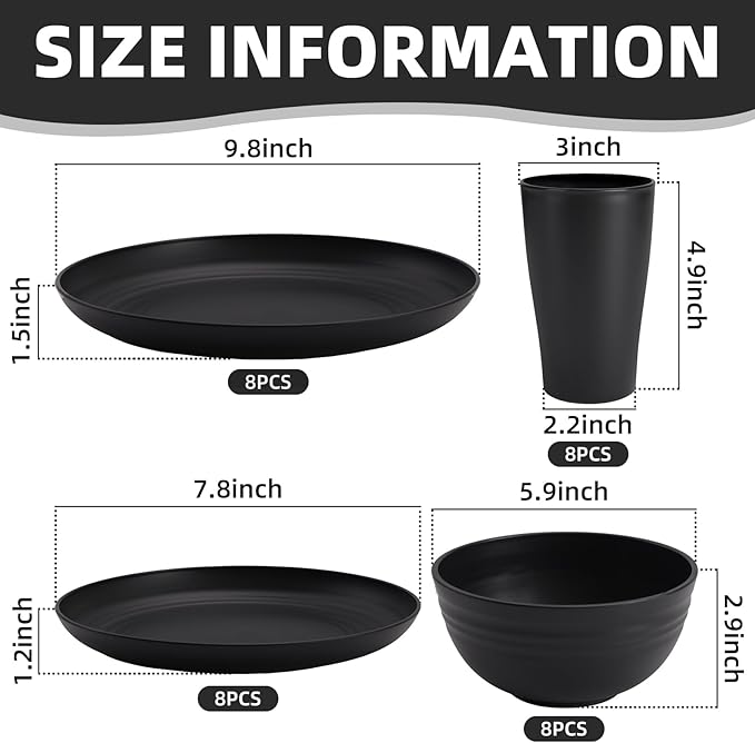 Black Plates and Bowls Sets for 8Wheat Straw Dinnerware Sets Black Plastic Reusable Dishwasher Safe for Kitchen Halloween Camping32 Pcs Lightweight Unbreakable Plastic Dishes Set Outdoor
