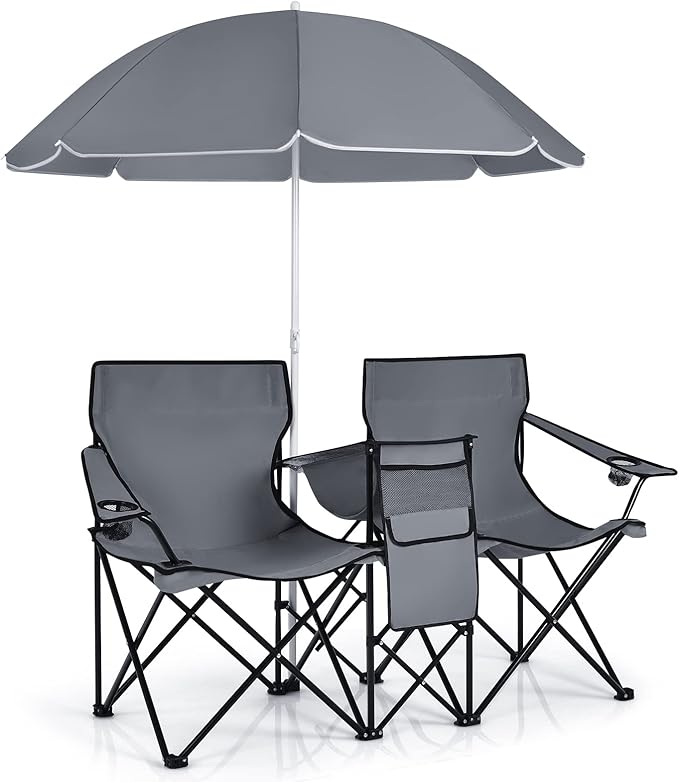 Giantex Double Camping Chair with Umbrella - Folding Picnic Loveseat with Carrying Bag Cooler Bag Table Side Pocket &amp Cupholder Portable Beach Chair for Camping Picnic Fishing Beach