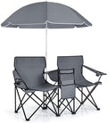 MAT EXPERT Folding Double Camp Chair w/Removable Umbrella Portable Picnic Chair w/Mini Table Chair Set w/Beverage Holder Portable Loveseat Camp Chairs for Beach Backyard Poolside (Gray)