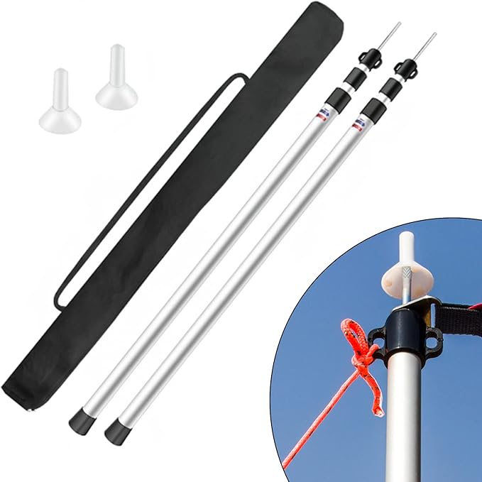 Set of 2 Waterproof Cloth Rod 230CM Telescopic Aluminium Tent Tarp Poles Portable Beach Shelter Tarp Awning Pole Adjustable Telescoping with Rubber Cap for Camping