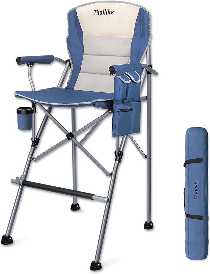 Foldable Directors Makeup Salon High Chair - Portable Camping Bar Height Folding Photoshoot Chairs with Stroage Bag Cup Holder Non-Slip Footrest Supports 400 lbs Blue Tall Director Chair