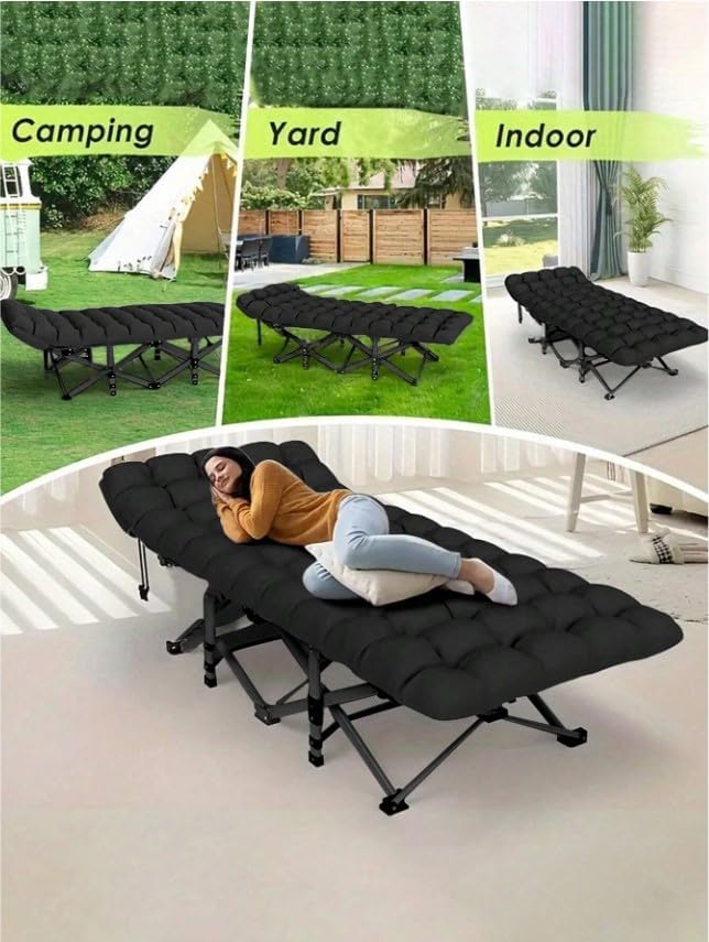 Folding Camping Cot with Mattress Portable Bed for Adults Comfortable Sleeping Solution for Indoor Outdoor Travel Home Office Use with Carry Bag (Black)