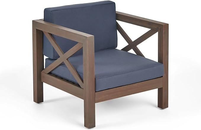 Mid-Century Modern Outdoor Club Chair with Acacia Wood Frame and Water-Resistant Cushions for Patio Garden Backyard Seating (Gray)