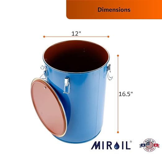 MirOil 6 Gallon Blue Oil Grease Bucket &amp Filter Pot – Steel Fryer Container w/Lid Lock &amp Clip Food Grade Interior Coating - Hot Grease Collection Pot for Disposal Under Drain Valves – Model #