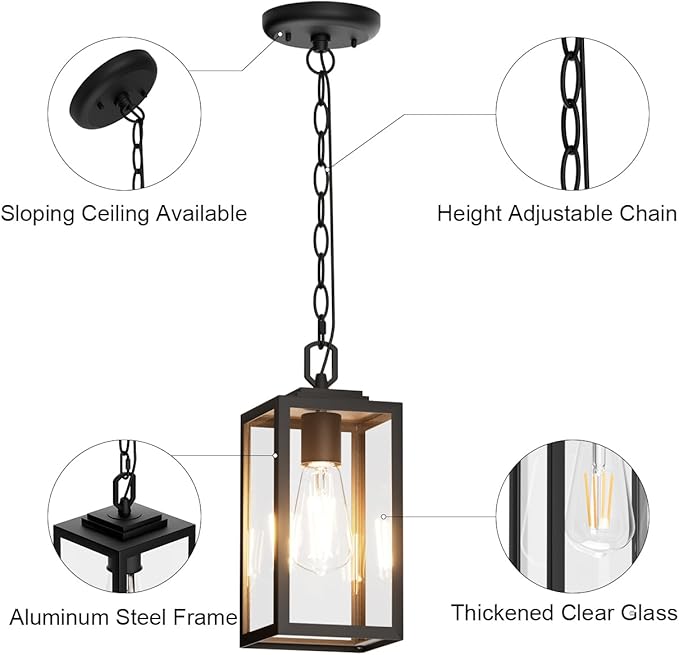 Modern Outdoor Pendant Light 1-Light Outdoor Hanging Lantern Light Matte Black Aluminum with Clear Glass Exterior Pendant Lighting Fixture for Porch Yard Gazebo