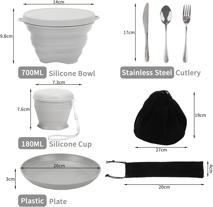 7pcs/Set Camping Mess Kit - Foldable Camping Utensils Portable Travel Silverware Set with Silicone Cup Silicone Bowl Plastic Plate Stainless Steel Tableware Camping Mess Kit for 1 Person