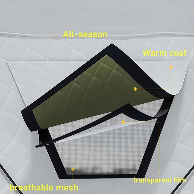 Instant Pop-Up Ice Fishing Tent Insulated 420D Hexagon Shelter for 5-6 People Portable Ice Shanty with Stove Jack &amp Dark Green Camo Ideal for Ice Fishing &amp Winter Camping