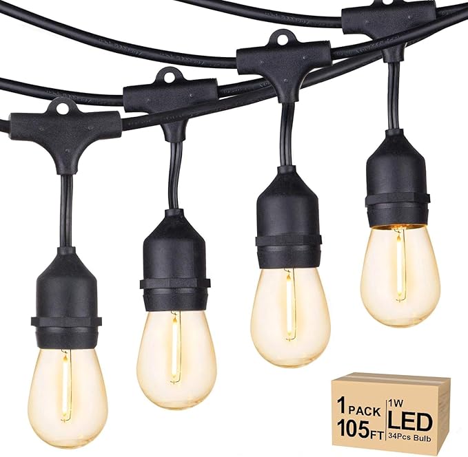Svater Outdoor String Lights Led 105FT Commercial Grade Patio Light with 1W Dimmable S14 Shatterproof Bulbs ETL Listed Heavy-Duty Outside Waterproof Cafe Bistro Market Lighting Warm White