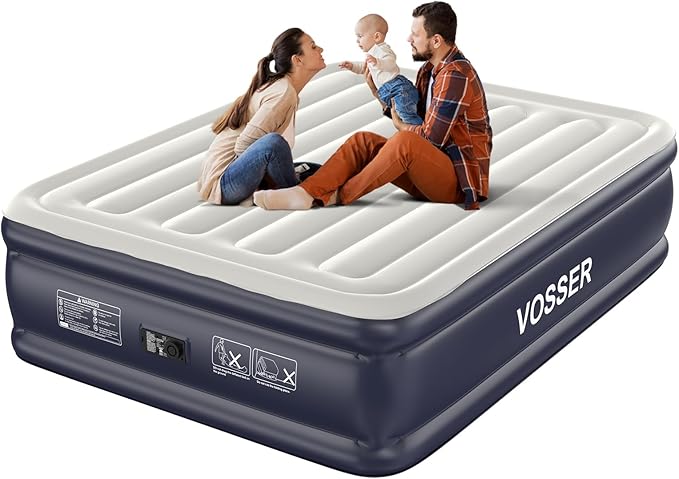 Air Mattress Queen with Built in Pump18'' Inflatable Mattress of Vertical BeamsSelf Inflatable/Deflation Blow Up Mattress in 3 MinsFlocked Top Airbed with Carry Bag for Home Camping