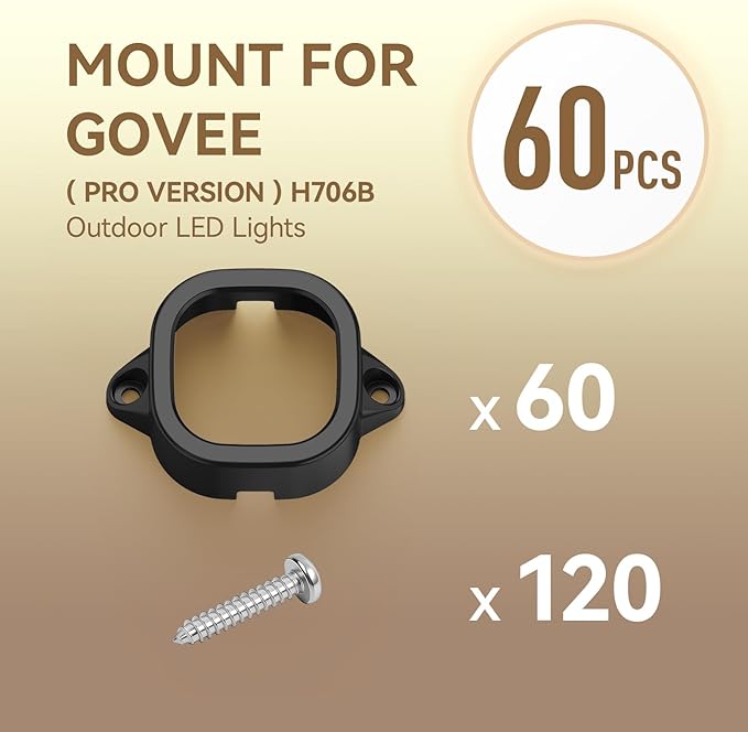 FORHOGAR 60PCS Mounting Brackets Compatible with Govee Outdoor Lights Pro H706 Light Clips for Govee Permanent RGBIC LED Lights 3M Glue Replacement Outdoor Lights Decor Extension(Black)