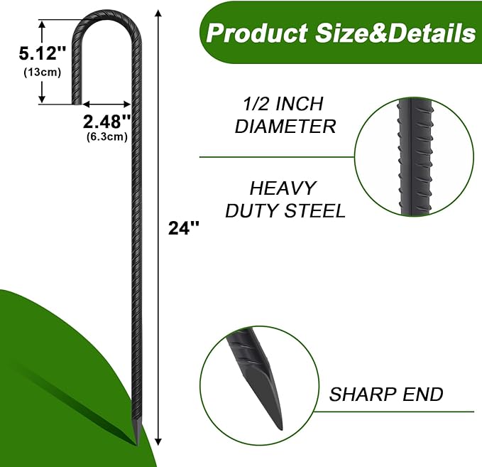 AAGUT Rebar Stakes 24 Inch J Hook Heavy Duty 20 Pack 1/2 Inch Extra Long Tent Stakes with Chisel Point End Black Coated Metal Ground Anchors for Garden Chain Link Fence Camping Greenhouse