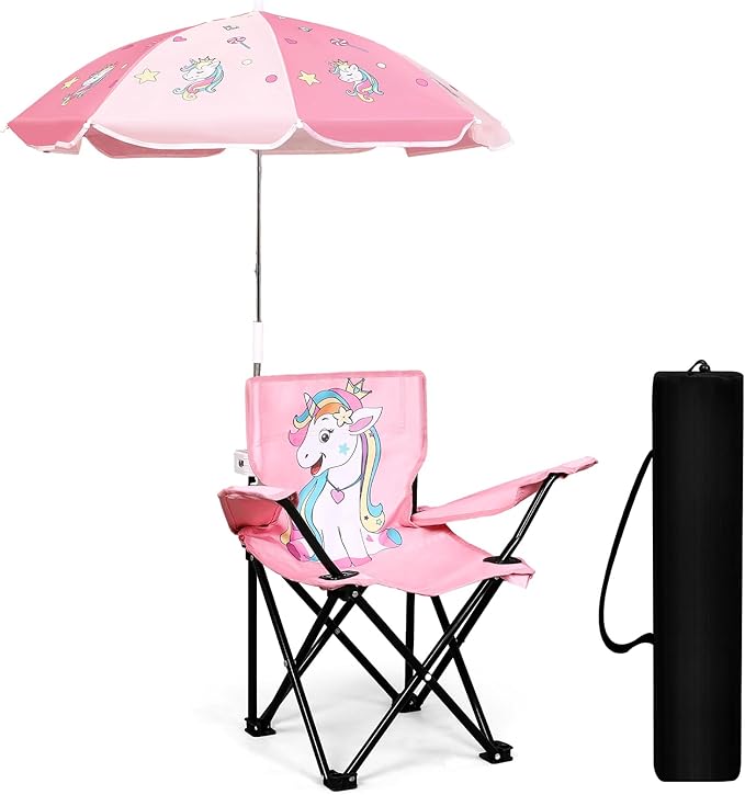 Outdoor Toddler Camping Chair with Umbrella Foldable Beach Chairs with Safety Lock for Kids Waterproof Lawn Kids Folding Chair for Outside Beach Travel(Unicorn)
