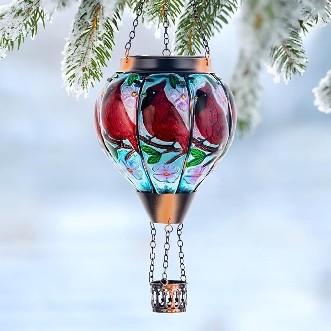 DREAMSOUL 2PCS Cardinal Hot Air Balloon Solar Lantern Hanging Glass Solar Lanterns Outdoor Waterproof for Yard Party Gift