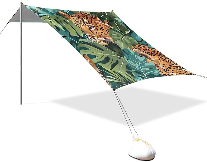 Leopard and Tropical Leaves Camping Sun Shelter Beach Tent Portable Beach Sun Shade Outdoor Canopy for Camping Trips Fishing Picnic