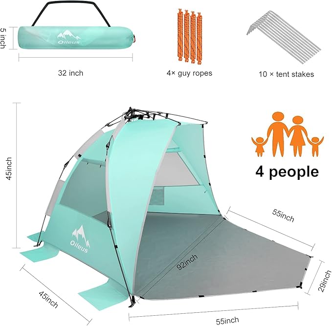 Oileus X-Large 4 Person Beach Tent Sun Shelter - Portable Sun Shade Instant Tent for Beach with Carrying Bag Stakes 6 Sand Pockets Anti UV for Fishing Hiking Camping Waterproof Light Green