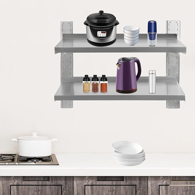 2 Tier Stainless Steel Wall Shelf 39.4 x 12.6 Commercial Floating Wall Shelf with Brackets Adjustable Double-Layer Metal Heavy Duty Storage Rack for Restaurant Kitchen Bar Home Hotel