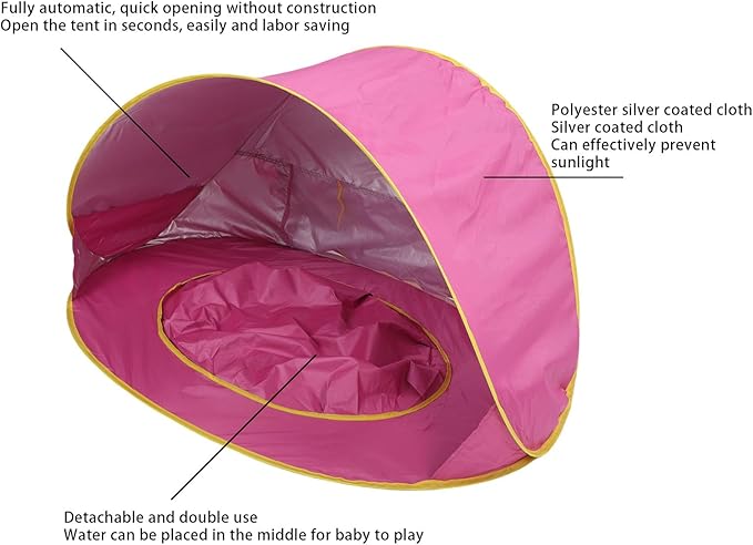 Pop Up Beach Tent Portable Sun Shelter with UPF50+ Protection and Built in Baby Pool Compact Foldable Beach Shade for Infant Outdoor Camping Beach Picnic (Pink)