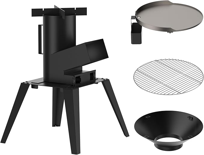 3-in-1 Camp Rocket Stove Kit with BBQ Grate Griddle Pot Rack Portable Wood Burning Stove with Detachable Stand Camping Gear for Outdoor Cooking Patio Barbecue RV Tailgating GS345