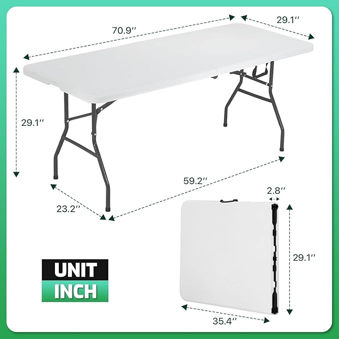 6ft Folding Table - Heavy Duty Portable 6 Foot Plastic Table with Fold-in-Half Design &amp Carry Handle Indoor Outdoor Utility Table for Dining Camping Parties Picnics Tailgating (6FT White)