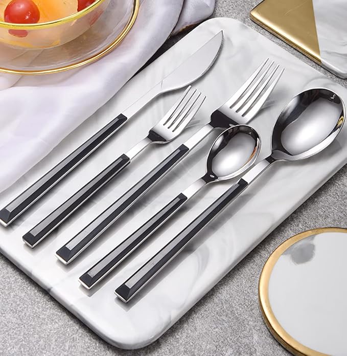 Cutlery Set 60 Piece Stainless Steel Cutlery Set Service for 12 Dishwasher Safe/Easy Care Highly Polished Camping Cutlery Set Black Handle