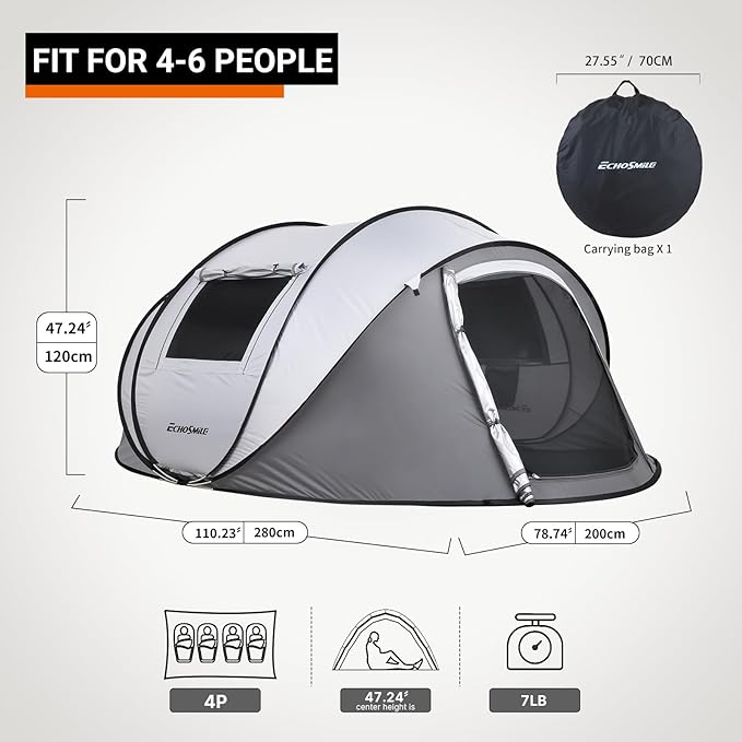 EchoSmile Instant Pop Up Camping Tent 2/4/6 Person Easy Setup Tent Water Resistant Dome Portable with Carry Bag