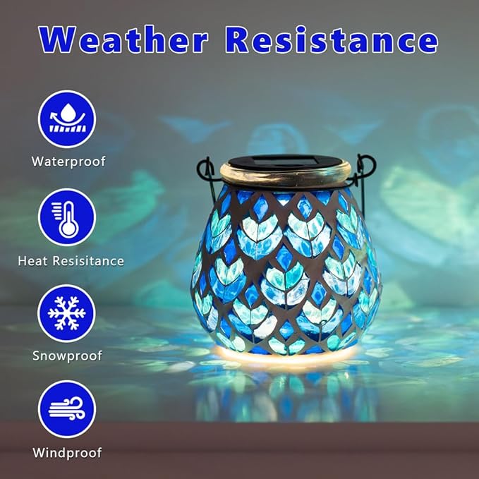 Stargarden 4 Pack Mosaic Solar Lanterns Blue Glass Hanging Lantern Waterproof Outdoor Hanging Solar Lights Table Lamp for Garden PatioYard Decor