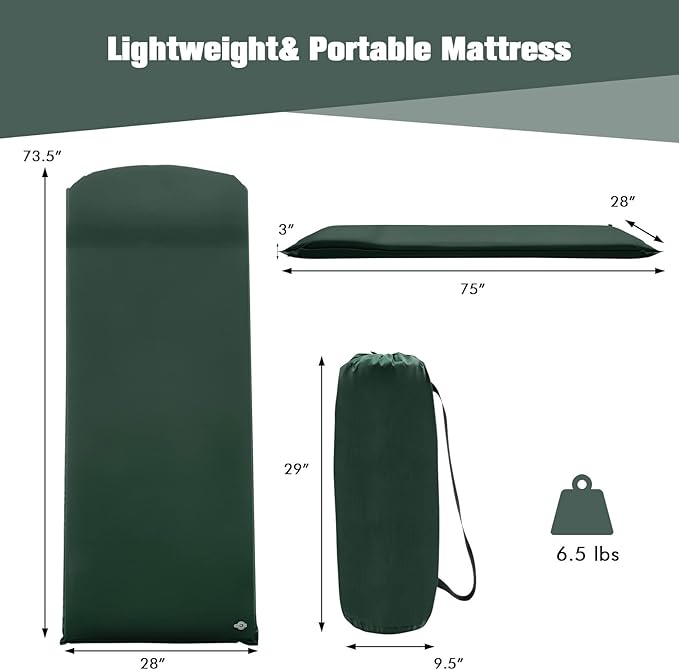 Tangkula Self Inflating Sleeping Pad 3 Inch Inflatable Camping Mattress Pad with 9.5R Value Insulated Foam Camping Mat with Pillow Lightweight Camp Sleep Pad for Backpacking Car Tent