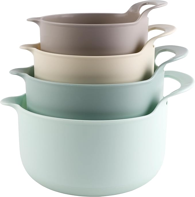 COOK WITH COLOR Nesting Plastic Mixing Bowl Set with Pour Spouts and Handles Ombre Mint 4 Piece Non-Slip