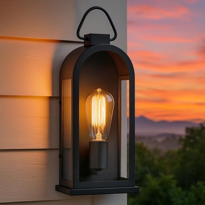 Vintage Outdoor Wall Light Fixture (1 Pcs) - Matte Black Porch Lantern/Exterior Wall Sconce Glass Shade Sturdy Metal Frame Waterproof &amp Anti-Rust Fit for Entryway/Garage/Patio/Doorway E26 Soc
