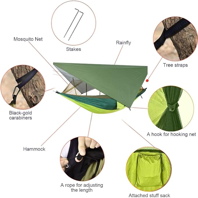 Double Camping Hammock with Mosquito Net and Rain Fly – Lightweight 3-in-1 Tent Setup for Outdoor Hiking Travel Patio &amp Backpacking – Portable Hammock for Adults with Tree Straps &amp Bug Net