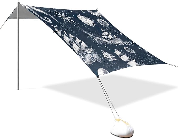 Vintage Nautical Theme Beach Tent Sun Shelter 9.2' x 10.5' Beach Canopy with 4 Sandbags 4 Stability Poles Sand Shovels - Tent Canopy for Beach Camping Fishing Picnics