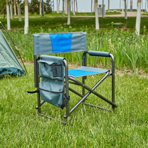 1-Piece Padded Folding Outdoor Chair with Storage PocketsLightweight Oversized Directors Chair for Indoor Outdoor Camping Picnics and FishingBlue/Grey
