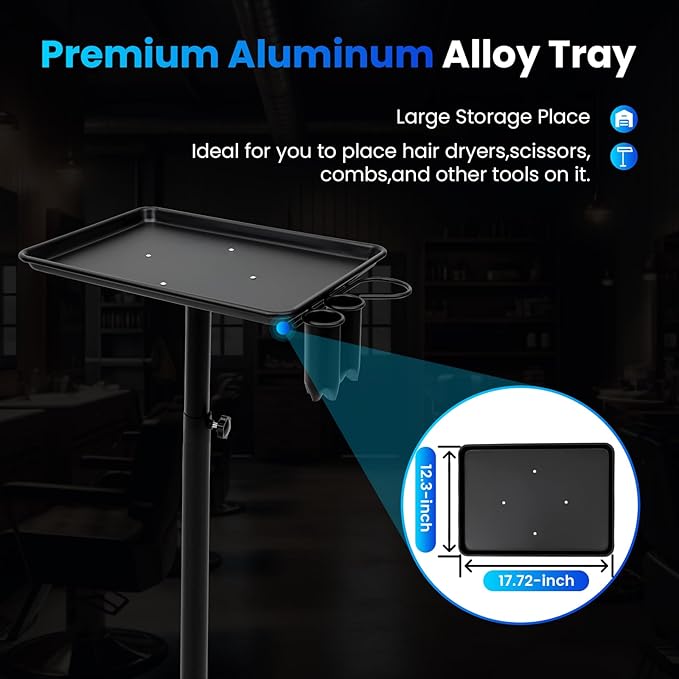 Salon Rolling Tray Adjustable Hairstylist Rolling Tray with WheelsPremium Aluminum Tattoo TraySuitable for spa Hairstylist Salon Trolley cart with Wheels
