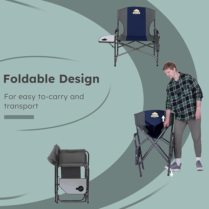 Oversized Directors Camping Chair Set of 2 Support 600 LBS Heavy Duty Folding Outdoor Chairs with Detachable Side Pocket and Adjustable Side Table for Outside BeachLawnFishing (Blue)