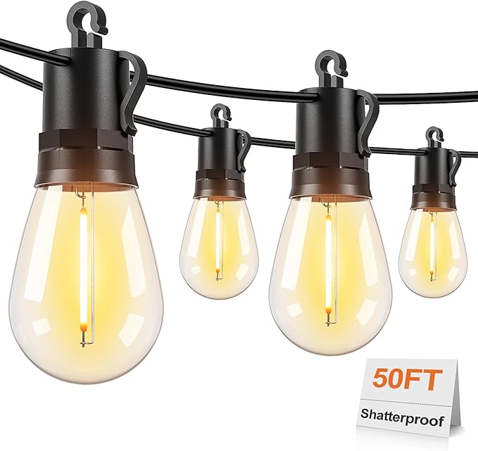 Brightever 50FT LED String Lights Outdoor Lights for Patio with 16 Shatterproof S14 Edison Bulbs Commercial Grade Waterproof Rope Light for Outside Cafe Bistro Porch Garden 2700K Warm White